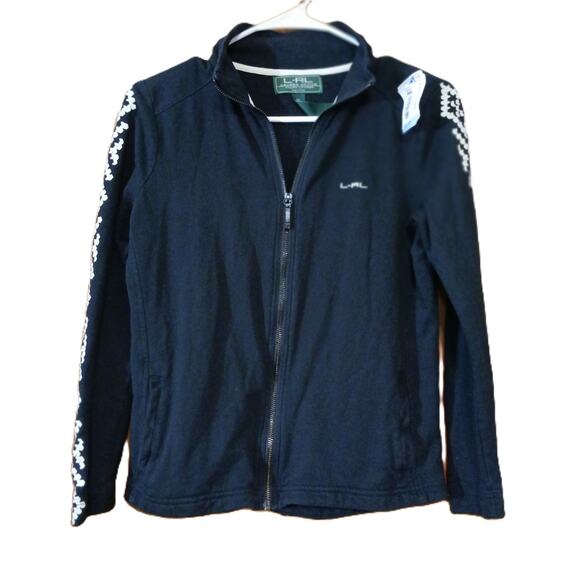 L-RL Lauren Active Womens Petite Sm Zip Jacket Black White Embroidered Sleeves - Picture 1 of 6